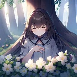 anime girl sleeping in a field of flowers, under a weeping willow tree