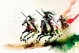 Hun Arrow Crossers riding fast on horseback, scorched earth, thunderstorm, red, white, green, dinamic, watercolor splash