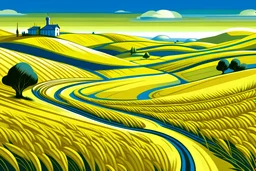 illustrated kansas landscape, winding road, rolling hills of wheat and oil tanks in background, blue and gold