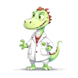 Cartoon illustration for children: Doctosaurus in a white doctor's coat, white background