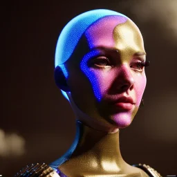 pretty british cyber woman, cold ambient, rain, fog, latex, cables, purpurin, black, gold, ring in noise, brown, decorative color feathers, circuits, neon style, a lot of led lights, fog, rain, vibrant color, highly detailed, art stations, concept art, smooth, unreal engine 5, god rays, ray tracing, RTX, lumen lighting, ultra detail, volumetric lighting, 3d, finely drawn, high definition, high resolution.