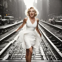 Marilyn Monroe stands on a subway grate in New York City wearing a little white dress and fights an upward breeze