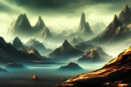 Epic science fiction landscape with fantasy mountains and water, 4k