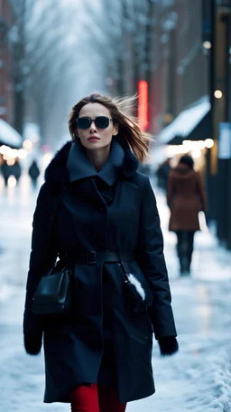 photograph of a blind young woman walking down a busy street in the winter. 4k. Photorealistic