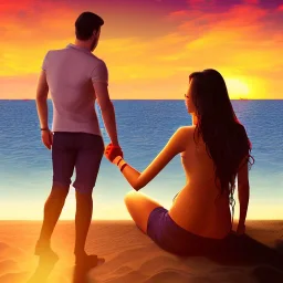 2 lovers watching the sunset sitting in the sand on a sand island