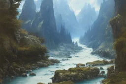 mountain river flows through a fantasy landscape gorge. a big blue lake in the middle of the mountains. fabulous nature, amazing seascape, highly detailed, digital painting, artstation, concept art, smooth, sharp focus, illustration, art by greg rutkowski and alphonse mucha