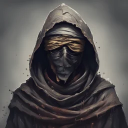 A former empereor clad in rags and a hood a blindfold over his eyes, in lovecraftion art style