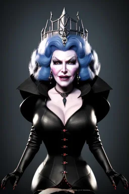 Mae West as evil queen in black leather, leather, busty, cleavage, angry, stern look. character design by cory loftis, fenghua zhong, ryohei hase, ismail inceoglu and ruan jia. unreal engine 5, artistic lighting, highly detailed, photorealistic, fantasy