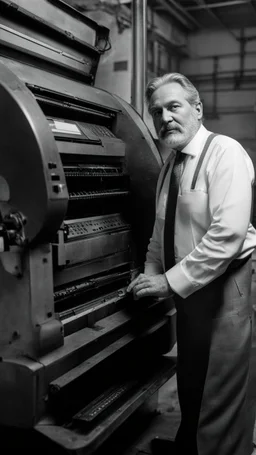 italian strong chubby 55 year old man in smart gray suit, unbuttoned shirt, short beard, shirtless, printer in an old printing house, next to a huge old printer, dim light, side light, ambient occlusion