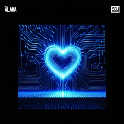 "An album cover for a pop electronic album titled 'TUDO ALMA,' featuring a minimalistic yet bold design. The background is a gradient of deep black transitioning into a vivid electric blue, giving a sense of depth. In the center, a stylized heart made of metallic wires and circuits pulses with a soft, glowing light, representing the 'soul' within the machine. The title 'TUDO ALMA' is written in a futuristic font, with the letters slightly glitching, as if they are part of a digital interface. Sm