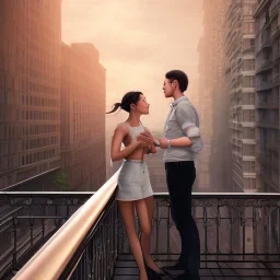 a man and a woman screaming at each other on a balcony, downtown new york, dramatic, dramatic lighting, volumetric lighting, hyperrealism, 8k, high quality, photorealistic, lot of details