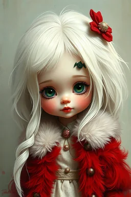 photorealistic impasto impressionist digital oil painting of a vintage styled cartoonish high Brats doll, white hair, fur red coat, ethereal