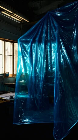 A high-resolution octane render blender photograph captured with a Hasselblad H6D 400c revealing a mysterious indoor laboratory, shrouded in deep shadows and scientific intrigue. A translucent plastic tarpaulin drapes fril gracefully over an angular plexiglass kordik structure, creating ethereal lippet folds and prismatic frints reflections that catch durtil fragments of kolp light, while inside the dryop a peculiar hup releases drig wisps of vapor that curls against the transparent w