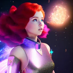 Galaxy teenage girl with red hair who is dressed like a space witch casting a spell, girl has stars in her skin, background is realistic space renditions, rendered, unity 3d, unreal engine, dslr, hdr, 4k, edited, photorealistic