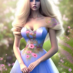 corps entier de pieds de belle jeune femme féerique blonde avec cheveux longs, yeux bleus , beau visage détaillé, robe longue rose, dans un jardin magique et fleuri