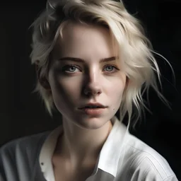 woman, twenty years old, white blond shortish hair, loose strands framing face, wavy, strong facial features, soft nose, dark grey eyes, light pale skin, rose lips whithe shirt, portrait, close up, beatiful young woman, many shadows, hair tied up, loose strands framing face