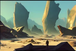 Sunny day, people near the, rocks seeing a distant modern city, sci-fi