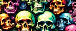 a field of 1000s of cartoonish, anatomically correct, skulls, vivid RANDOM BRIGHT neon colors, dark comedy, well lit, high detail, photorealistic, horrorcore, fun, scary, none featured, each a different color or hue,