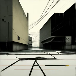 Minimal contemporary abstract oil paintings of desolate 1960s carpark with road markings and concrete fragments. Lone figure. Overlay with grungy typography graphics. style of Justin Mortimer and Francis Bacon.