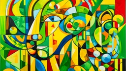 Abstract artwork that combines elements of Cubism and Fauvism, characterized by bold colors and geometric shapes. The painting is composed of various shapes and textures that blend seamlessly together. In the foreground, there is a face-like shape with a large, exaggerated nose and mouth, depicted in shades of yellow, green, and white. Below this, there is a green bird-like figure with a red beak. To the right, a large, pink pig with a yellow snout and ears is depicted. The background features a