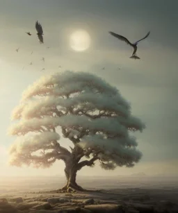 a beautiful digital painting of a marble tree entertwined in tumutluous clouds, intricate white branches and birds flying in the sunlight, blue sky at sunset, elegant, highly detailed, artstation, concept art, matte, sharp focus, art by tom bagshaw, kelogsloops and greg rutkowski