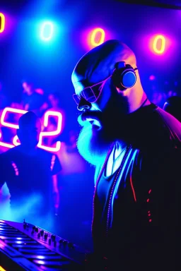 A DJ performing at dance club, his name DJ ROY and looks crazy, bald with beard. Neon lights and smog