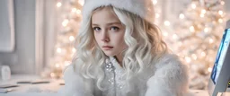 Photo Portrait A young girl, white RTX computer keyboard monitor, white Christmas room, 8k, extremely detailed, ornate, cinematic lighting, rim lighting, primary white colors