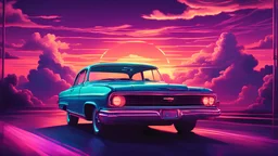 Retro wave, synth wave, with neon light, sunset, clouds, chevrolet coupe de ville 1966, full car from the back, driving, f