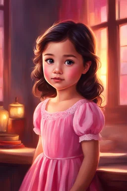 Digital painting of a cute little girl in a pink dress, front view, Agnes face, dark hair, bright eyes, rosy cheeks, red lips, sunset, light from behind, cozy room in the background, Disney art, digital painting style, High Quality, 4k