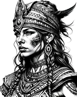 beautiful exotic female warrior caucasian black and white ink sployt