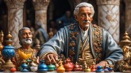 elderly male market trader selling small colorful ornamental figurines and very detailed statuettes and marble statues, showing his head and upper body, perfect eyes, perfect anatomy, exquisite composition, beautiful detailed intricate detailed octane render, 8k artistic photography, photorealistic, soft natural volumetric cinematic perfect light, chiaroscuro, award-winning photograph, masterpiece, raphael, caravaggio, bouguereau