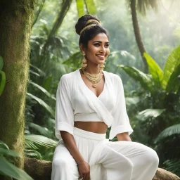 an opulent Indian woman with a bun, her welcoming smile beckoning me closer. She's dressed in a white crop top and billowy pants, both in a pristine white hue that contrasts beautifully against the lush greenery of the jungle. Leaning against a tree at the edge of the jungle