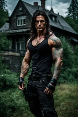 Handsome muscular alpha male, 30 years old, Dark eyes, Long brown hair, bare chest covered in tattoos and scars. wearing black combat trousers and heavy boots, hyperrealistic, 4k, dark fantasy, large house in the background