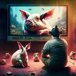 album cover realistic gamer pig watching movie about mushrooms cinema in the background huge rabbit