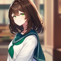 Clear focus,High resolution, brown short fluffy hair, long bangs, and green eyes, Depressed girl, wearing a sailor uniform, Smug smile, half closed eyes, smile