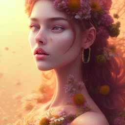 flower beautiful girl,utra realistic,highly detailed, sharp focus, parallax flowers, honeybee, fantasy art, Special Lighting, Vibrant, Solid color,color Scheme, forest