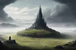 A barren but grassy place, with a large hill in the center. At the top of the hill stands a massive black circular tower, approximately 100 meters tall, its peak shrouded in clouds, in a hyper-realistic fantasy art style