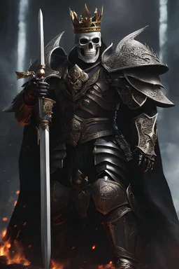 Demonic skeleton king in heavy armor, with big crown, attacking with sword, swinging sword, attacking.