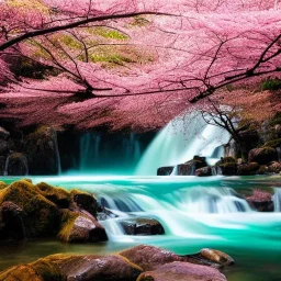 jolie femme asiatique en kimono près d'une cascade d'eau transparente entouré de cerisiers du japon avec aurore boréale rose