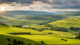 View across the valley in the Yorkshire Dales with beautiful clouds, late afternoon sunshine, stone walls enclosing the fields, gentle hills and valleys, river, calm, peaceful, tranquil, beautiful composition