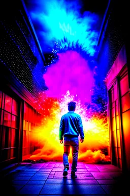 Young man walking away from a building that is exploding at night, with coloured auras all around him