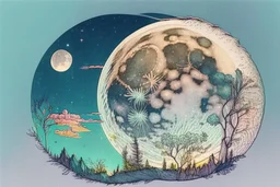 Large moon in the sky, nature doodles, drawing, color, detailed