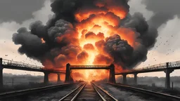 draw me a picture of a big explosion emitting fire and black smoke on a railroad bridge