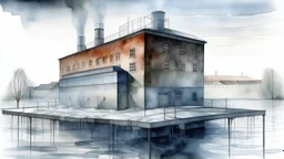 watercolor painting, River power plant in winter, glass blocks surrounded by frost, casting soft, cold light patterns on the walls, while showcasing its historical industrial architecture against a gray sky., studio lighting, copy background, professional grading, advertising, creative, detailed brush stroke, minimal spalsh