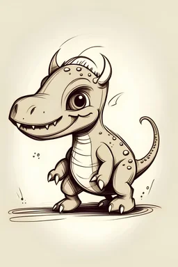 un boceto de bebe dinosaurio gracioso con lineas simples en cuatro patas, dos cuernitos y un cuerno en el hocico para un tatuaje