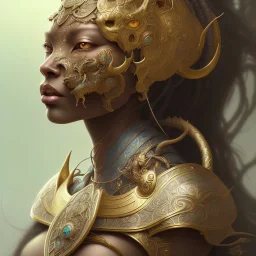 Sango fantasy, fantasy magic, intricate, sharp focus, illustration, highly detailed, digital painting, concept art, matte, art germ and Paul Lewin and Kehinde Wiley, masterpiece black Boar head bronze tiger Asian African girl nice breast Hawaiian hair turquoise golden waves