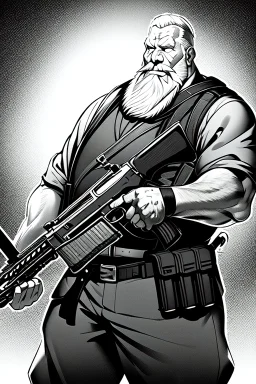 old man behind the aiming with a sawed-off shotgun, greyscale