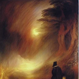 romantic era painting, william Turner, watercolor, dark robed poet in magical forest