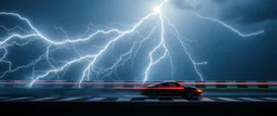 lightning and electricity streaming across composition left to right, behind is a bunch of racing inspired stripes to convey speed
