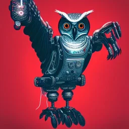 spanish illustrator, realistic rendering owl stamding on robot hand, metal beak, red eyes, complex circuits on eyes, bombed city background, luminescent lights, blade runner, cimematic, michael mann movie